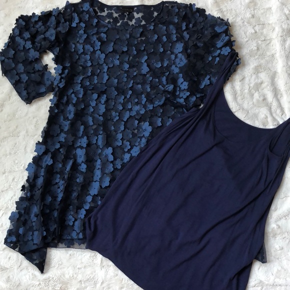 NWOT Navy Sheer Textured Flower Shift Dress, Small - Picture 2 of 15